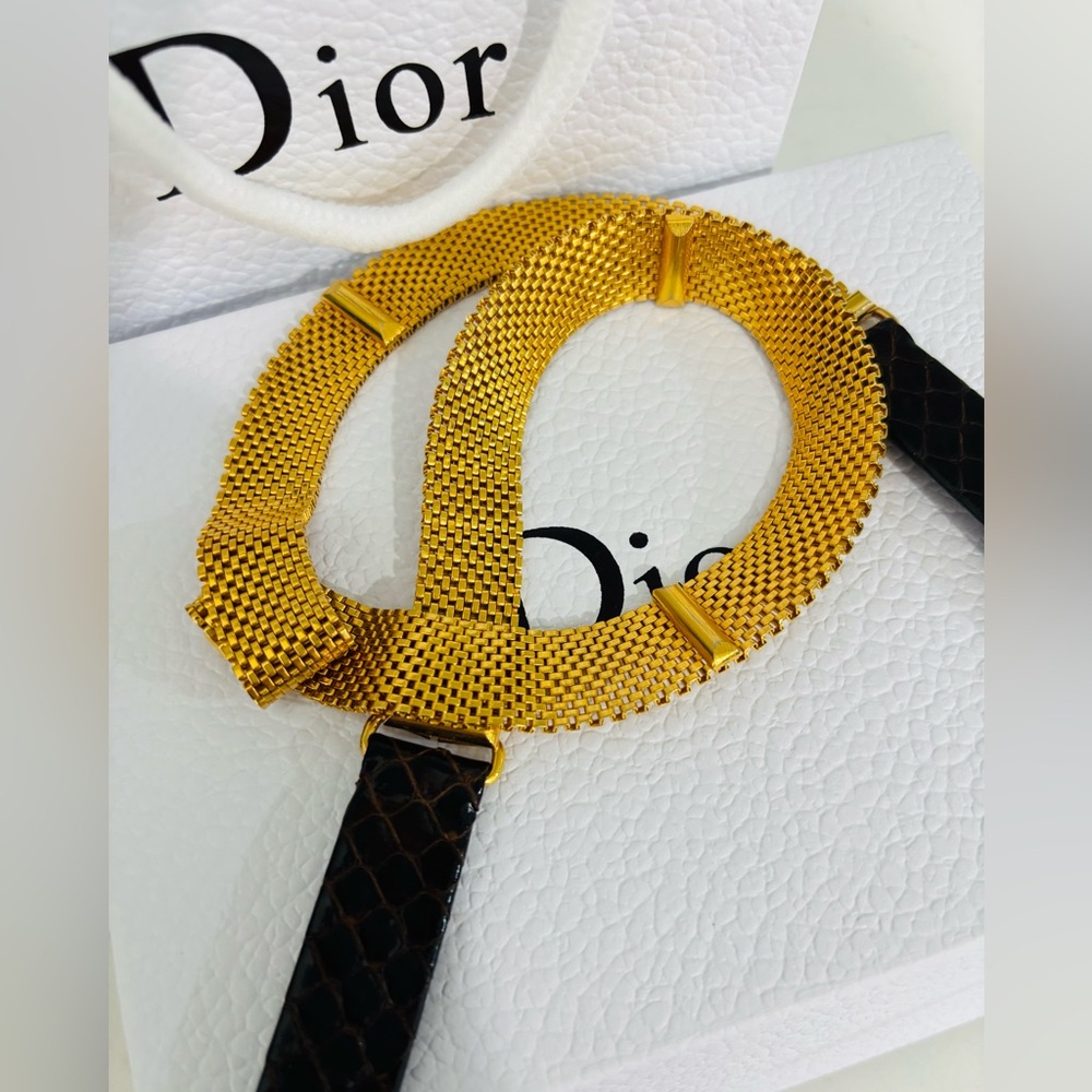 Christian Dior Vintage Women’s Belt Small, Gold Mesh & Brown Leather Disigner.